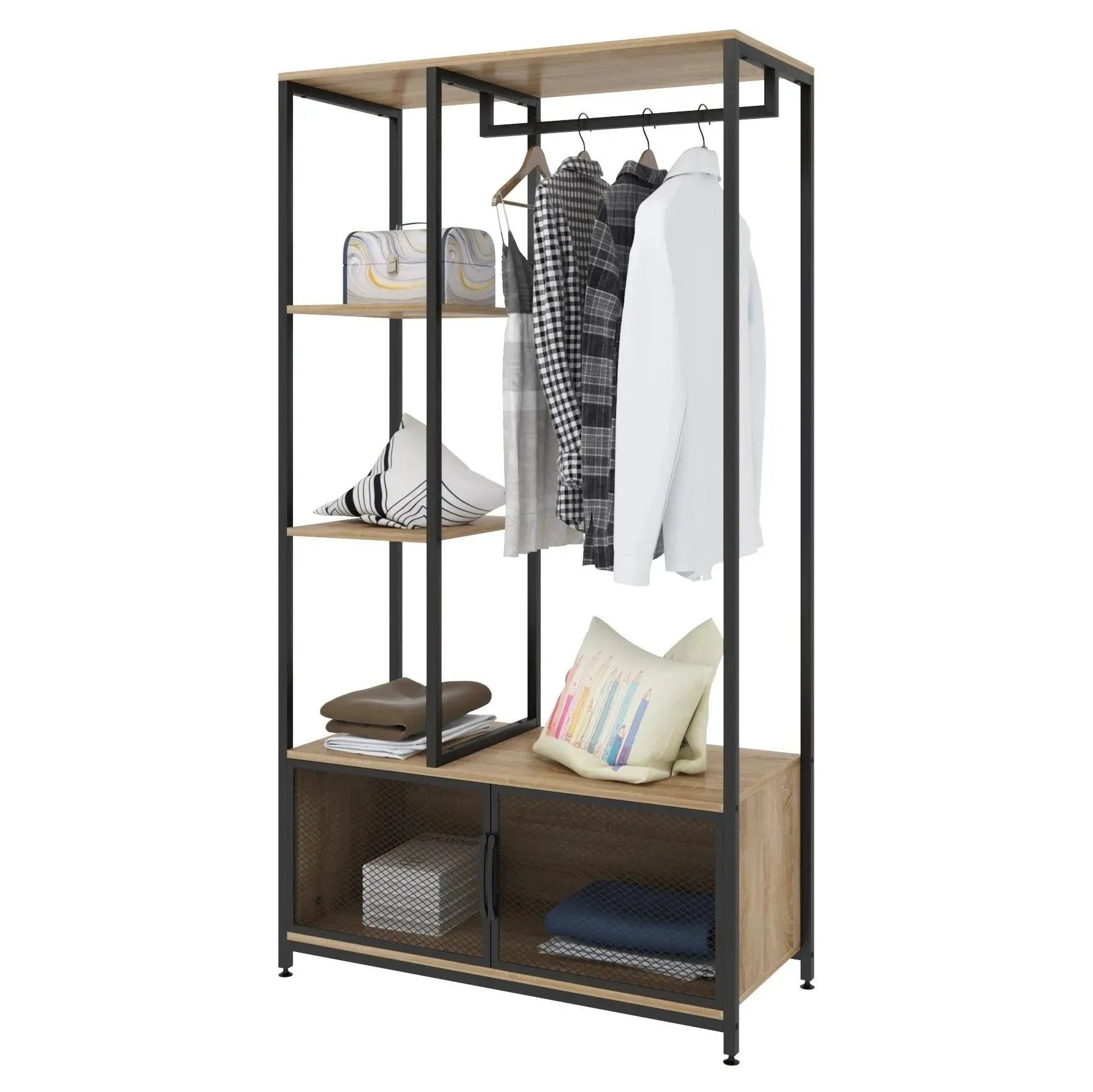 Feronza® Kledingrek met Opbergrek - Vrijstaand Metalen Kledinghanger met Opbergkast voor de Slaapkamer - Feronza